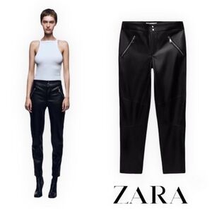 ZARA LEATHER EFFECT ZIPPED BLACK BIKER PANTS TROUSERS BRAND NEW WITH TAG US 6